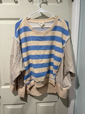 BiBi Beige and Blue Striped Patchwork Sweatshirt